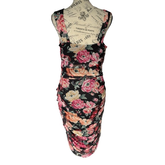 Express Dress Large Bodycon Floral Mesh Ruched Romantic Y2K Mesh Sweetheart Neck - Picture 4 of 13